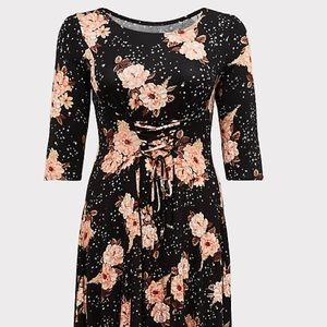 Black Floral Jersey Corset Back Midi Fluted Dress